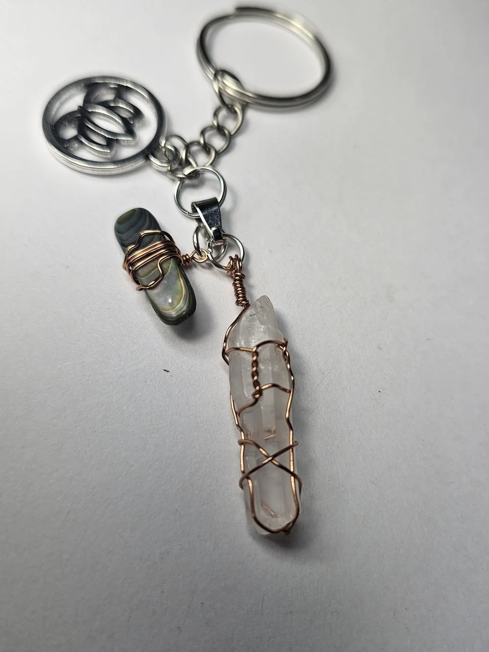 Wire-Wrapped Quartz Crystal Keychain with Metal Accents